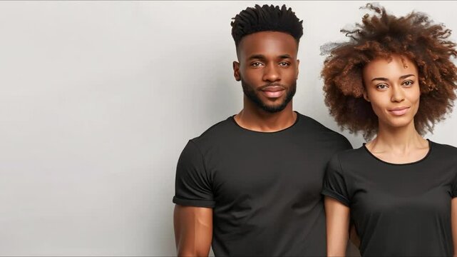 Couple dressed in plain black tees showcasing minimalistic fashion trend. Concept Minimalistic Fashion, Black Tees, Couple Photoshoot, Neutral Background, Simple Style