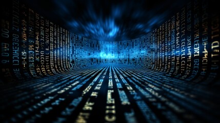 Blue binary code on dark backdrop symbolizing information technology in a visually striking manner