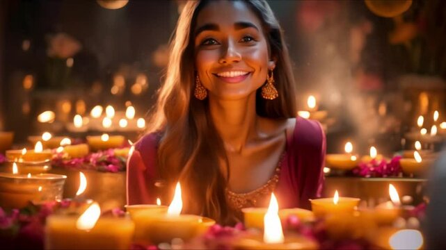 Indian woman celebrating Diwali with burning candles a festival of lights. Concept Festivals, Culture, Diwali celebrations, Indian traditions, Burning candles