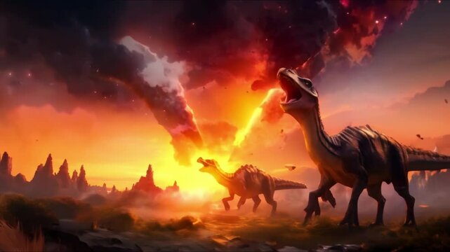 Dinosaurs flee as meteor impact causes fiery sky during extinction event. Concept Dinosaurs, Extinction Event, Meteor Impact, Fiery Sky, Prehistoric Wildlife