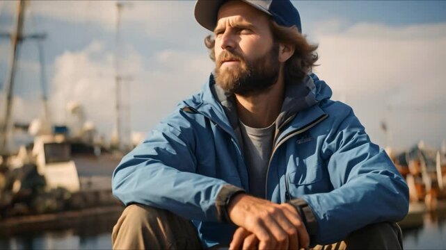 Excited man embarking on a deep-sea fishing adventure from a tropical port. Concept Adventure, Fishing, Deep-sea, Excitement, Tropical