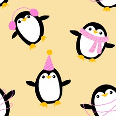 Cartoon festive animals seamless birthday decor and penguin pattern