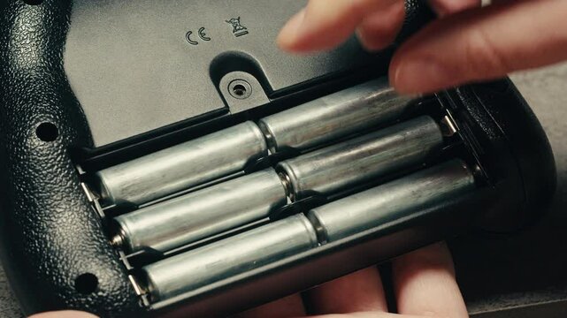 Adding silver batteries AA and AAA in console close-up. Batteries are common in portable electronic devices. An AA battery is composed of a single electrochemical cell that may be either a primary