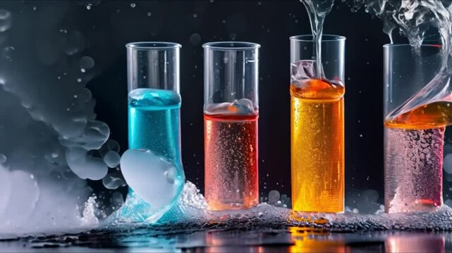 Colorful chemical reaction in test tube with splashing liquids of elements. Concept Chemical Reactions, Test Tubes, Colorful Splashes, Elements, Laboratory Experiment