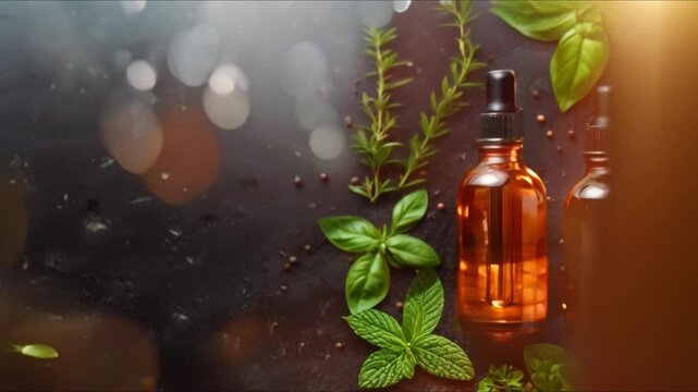 Three bottles of essential oil and herbs on dark background. Concept Product Photography, Essential Oils, Herbs, Dark Background