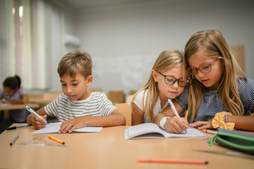 Fototapeta premium Young friends student do tasks and write on notebook on the class