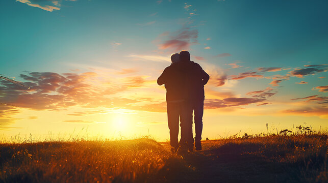 padre y abuelo juntos disfrutando el dia al atardecer al aire libre al exterior juntos demostracion de afecto y cari&ntilde;o en el dia del abuelo