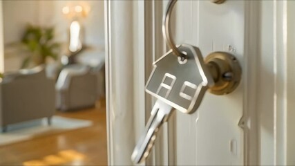 Modern house-shaped keychain inserted into door lock with living room in the background. Concept Product Photography, Keychain, Home Decor, Interior Design, Lifestyle Shoot - Powered by Adobe