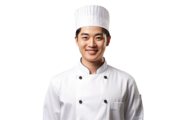 Asian men chef isolated on transparent background png cutouts. Images for graphic designers. Image for flyers. Topics related to cooking. Cooking world. Job offer. Recruitment. Asia. Asian. China. 