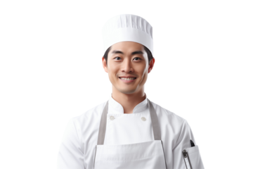 Asian men chef isolated on transparent background png cutouts. Images for graphic designers. Image for flyers. Topics related to cooking. Cooking world. Job offer. Recruitment. Asia. Asian. China. 