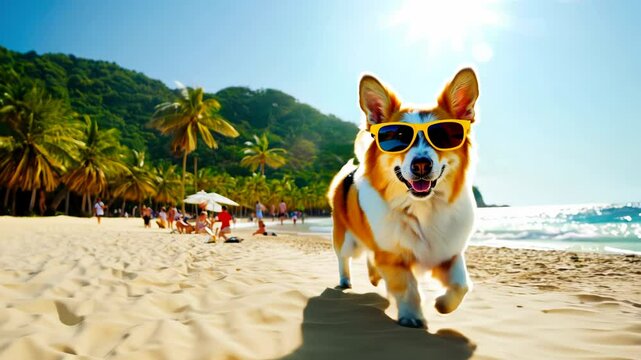 Cute corgi dog wearing sunglasses on tropical beach