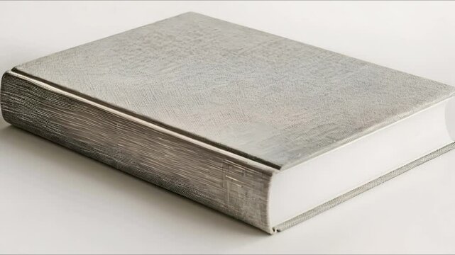 Top view of a blank hardcover book with a light gray fabric cover on a white background. Concept Book Photography, Top View Shot, Blank Hardcover, Gray Fabric Cover, White Background