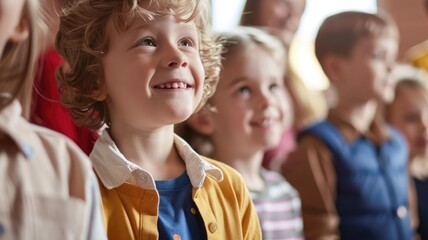 Fototapeta premium Smiling children in group look upward with joy inside brightly lit room