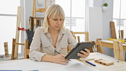 A focused woman carpenter uses tablet technology to plan woodworking in a bright, organized workshop.