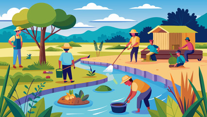 Labor work on the pond, vector artwork illustration