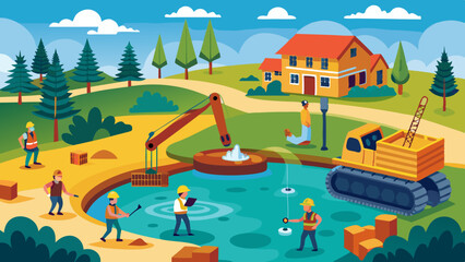 Labor work on the pond, vector artwork illustration