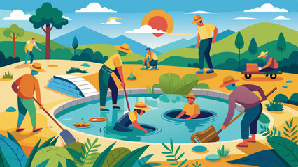 Labor work on the pond, vector artwork illustration