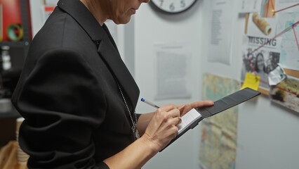 Adult caucasian woman taking notes in a detective's office with a crime investigation board in the background.