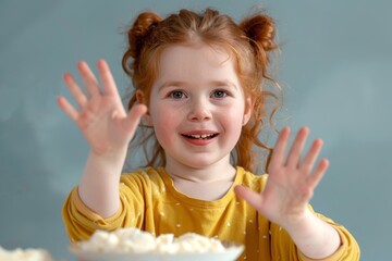 Curly-haired child smiling invitingly cozy home environment. Cute child blonde curls and joyful smile holding food. Inviting warmth of home and family childhood.