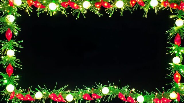 Twinkling Christmas lights border on black background, copy space