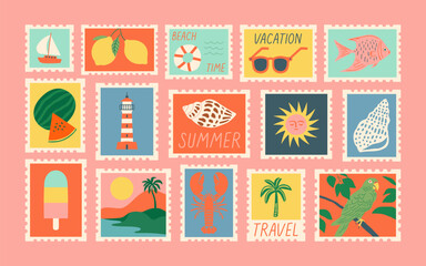 Set of vintage summer post card stamp illustration. Retro style beach vacation postage sticker collection, summertime season mail postmark, tourism postal label.