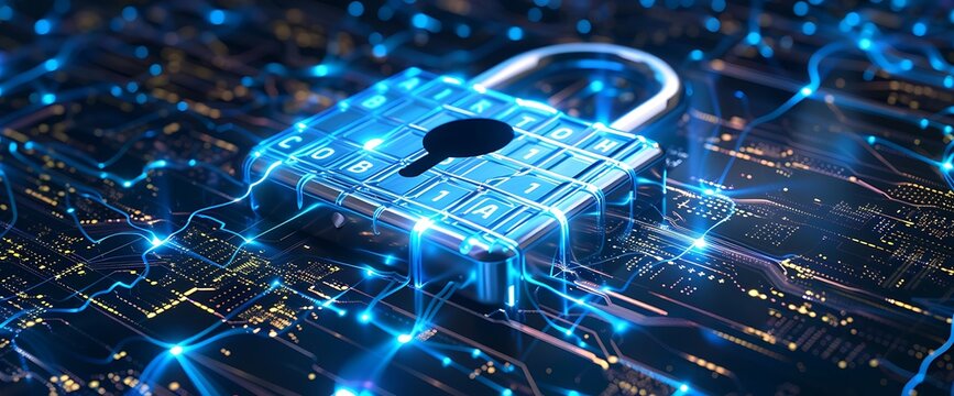 Global padlock with shifting alphanumeric codes, symbolizing internet security, radiant cyan details,