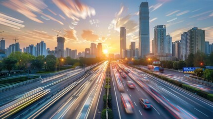 Fototapeta premium Rush Hour in the City: Urban Commute at Sunset with Blurred Skyscrapers and Car Light Streaks