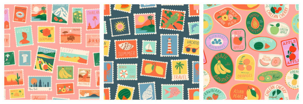 Vintage world travel post card stamp seamless pattern set. Retro international country landscape postage background with fruit sticker label wallpaper, summer vacation postal label print.