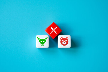 The struggle between bulls and bears on the stock exchange. Strategy on the stock exchange. Stocks, futures, currencies and cryptocurrency.