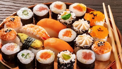 Colorful Variety Sushi Platter on Wooden Table