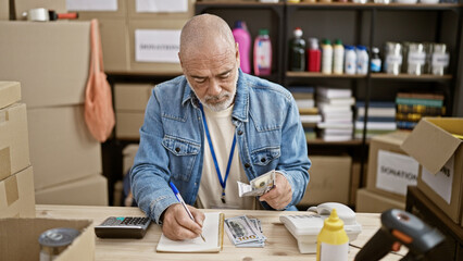 In the image, a bald man with a beard is calculating finances in a warehouse, surrounded by boxes and office supplies.