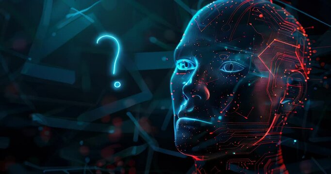 Human face with AI circuits and question mark symbolizing ethical dilemmas in artificial intelligence. AI ethics