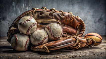 Fototapeta premium Weathered vintage baseball glove with cracks and worn leather, surrounded by scattered baseballs, set against a muted gray background, evoking nostalgia and forgotten memories.