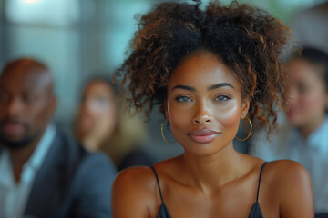 A woman with curly hair and a gold hoop earring is smiling at the camera