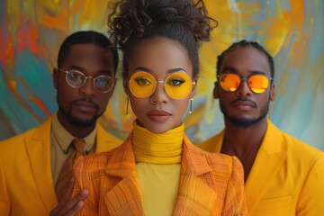 Three people wearing yellow suits and glasses pose for a photo