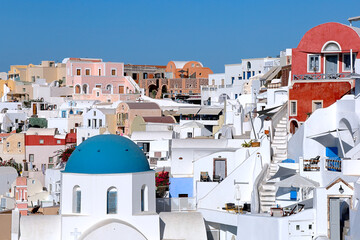 The beautiful skyline of the town of Oia in Santorini, Greece