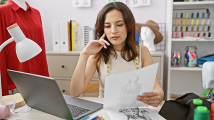 A thoughtful hispanic woman evaluates fashion designs in a tailor shop with a laptop and fabric samples.