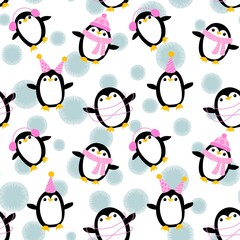 Cartoon festive animals seamless birthday decor and penguin pattern