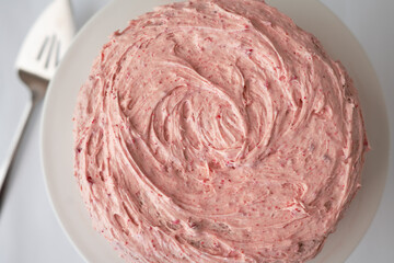 Pink, strawberry, frosting, close-up, cake knife, blurred, background, 