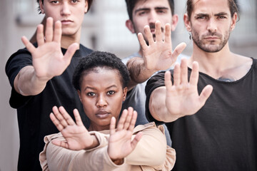 Portrait, hands and protest in city with stop, decision making and choice with gesture for peace....