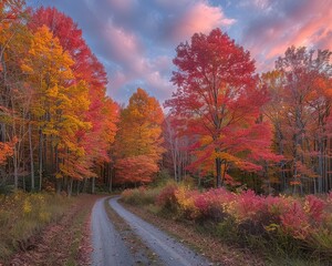 Fototapeta premium Scenic Path Through Vibrant Autumn Foliage With Colorful Trees And Serene Sky At Sunset Offering A Perfect Fall Nature Walk Experience