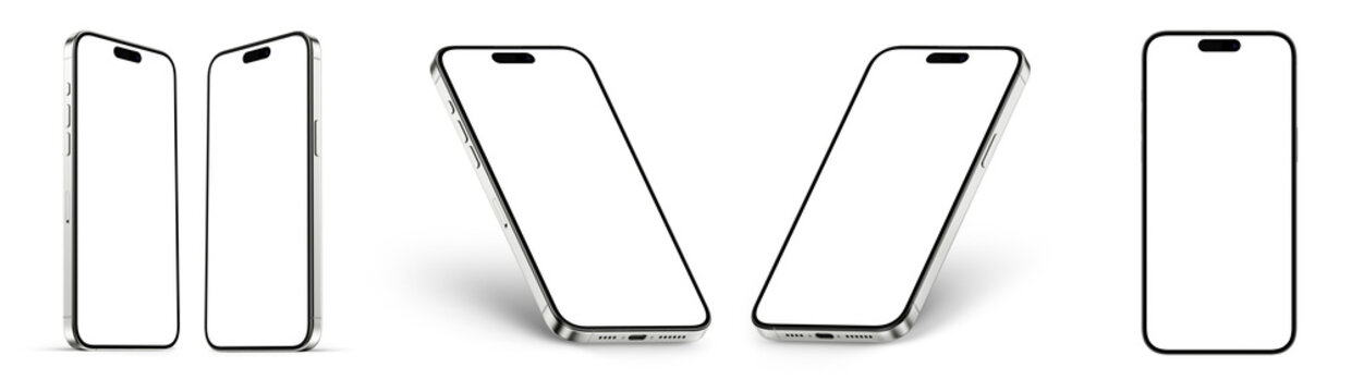 Smartphone mockup with a blank white screen. Mobile phone vector isolated on a white background. Various angle views of the phone. Vector illustration.