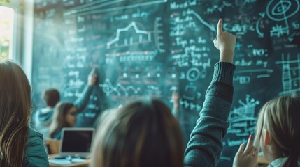 Classroom Learning: Teacher Explaining Math Equations on Chalkboard, Students Engaged with Raised Hands, Blurred Background for Text Space