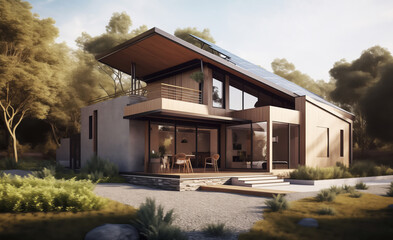 Modern eco-friendly home with solar panels on roof surrounded lush green gardens. House features large windows for natural light blending sustainable living with contemporary design in serene setting