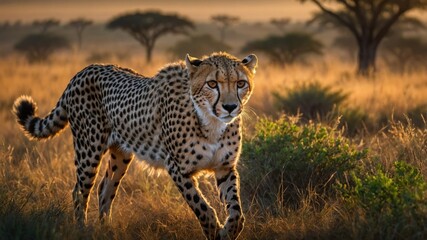 Fototapeta premium Cheetah Strolling Through African Savanna at Sunset
