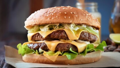 Close-up Double Cheeseburger with Lettuce