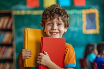 Intelligent young girl leaning books enjoying school environment. Beautiful young student smiling front of stack of education books. Innocence of childhood amplified pursuit of knowledge.