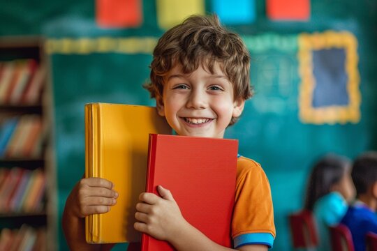 Intelligent young girl leaning books enjoying school environment. Beautiful young student smiling front of stack of education books. Innocence of childhood amplified pursuit of knowledge.