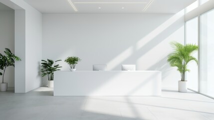 Clean office interior with bright white reception desk and mock up space, featuring modern minimalist design and potted plants for a fresh look