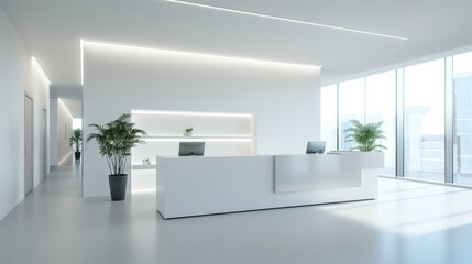 Clean office interior with bright white reception desk and mock up place